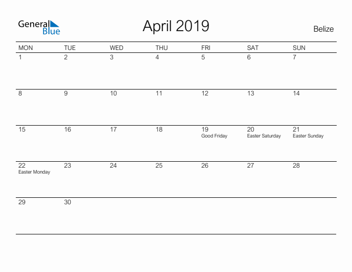 Printable April 2019 Calendar for Belize