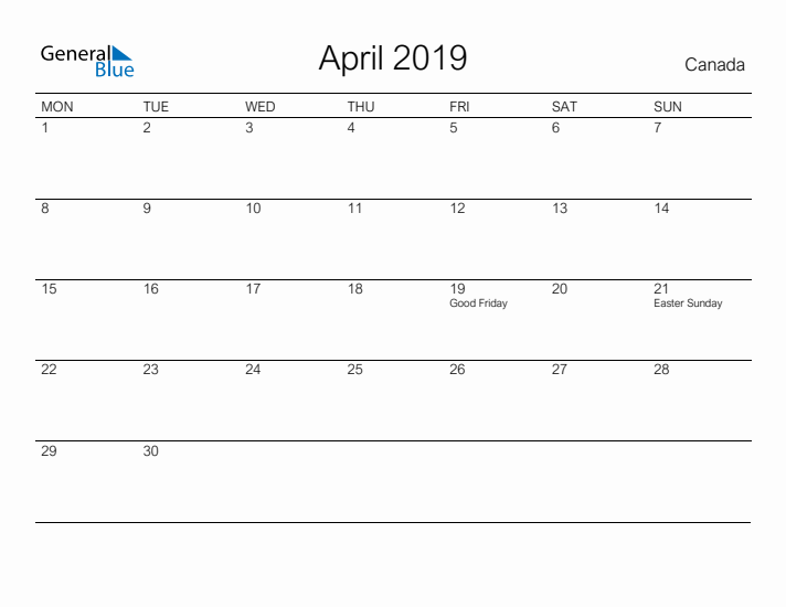 Printable April 2019 Calendar for Canada