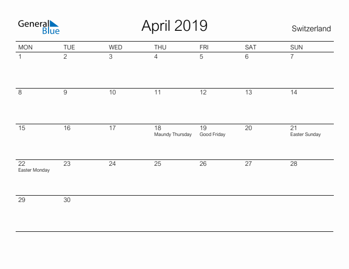 Printable April 2019 Calendar for Switzerland