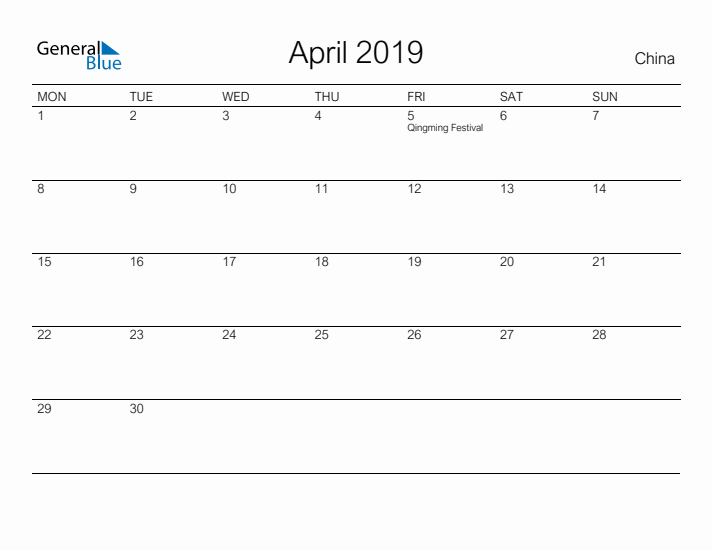 Printable April 2019 Calendar for China