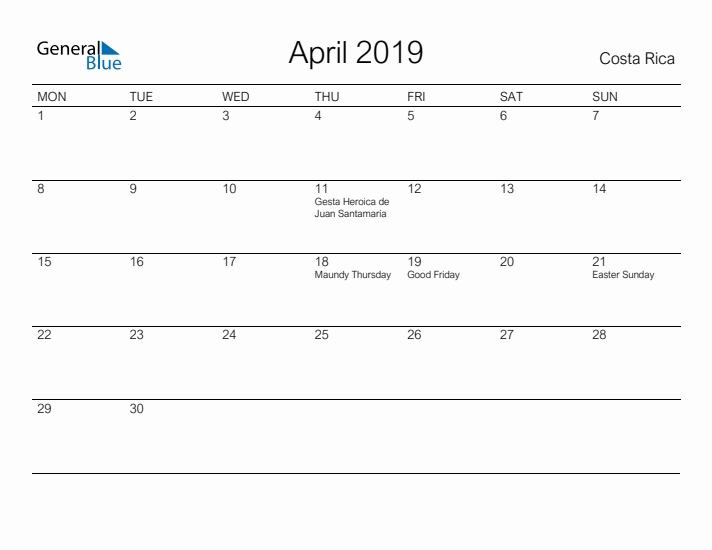 Printable April 2019 Calendar for Costa Rica