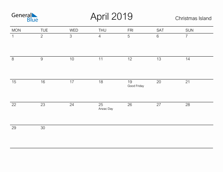 Printable April 2019 Calendar for Christmas Island