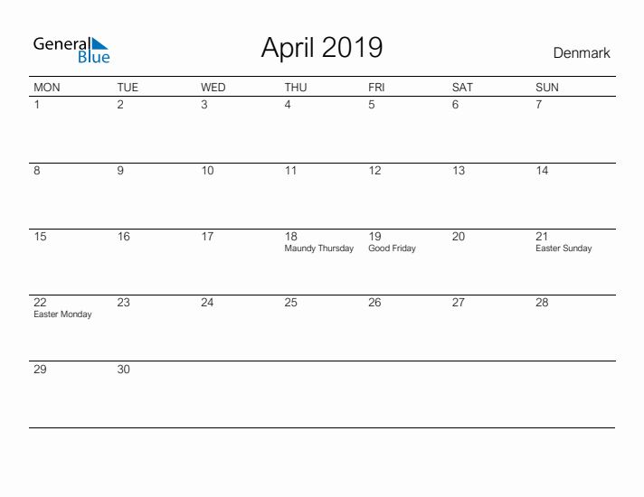 Printable April 2019 Calendar for Denmark