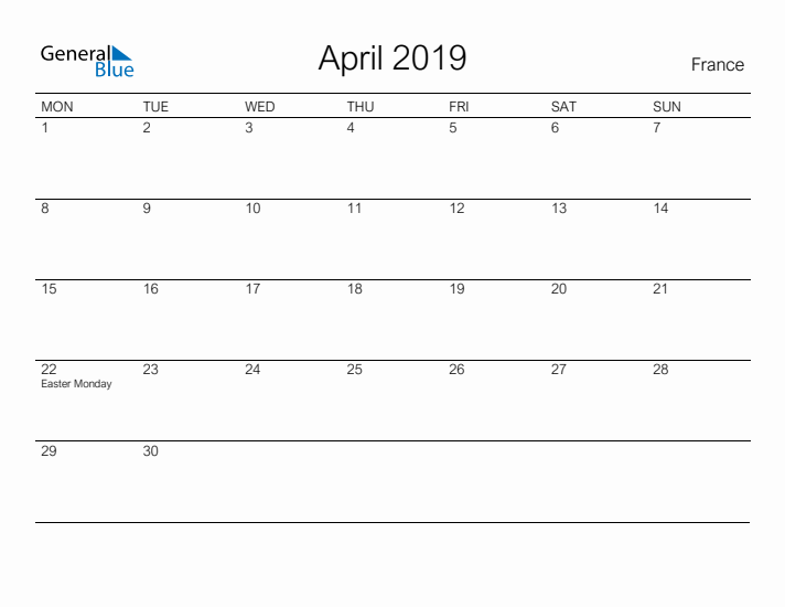 Printable April 2019 Calendar for France