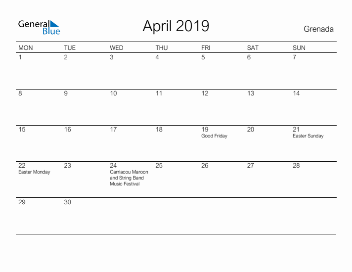 Printable April 2019 Calendar for Grenada