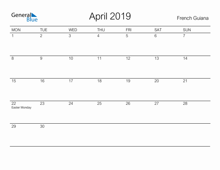 Printable April 2019 Calendar for French Guiana