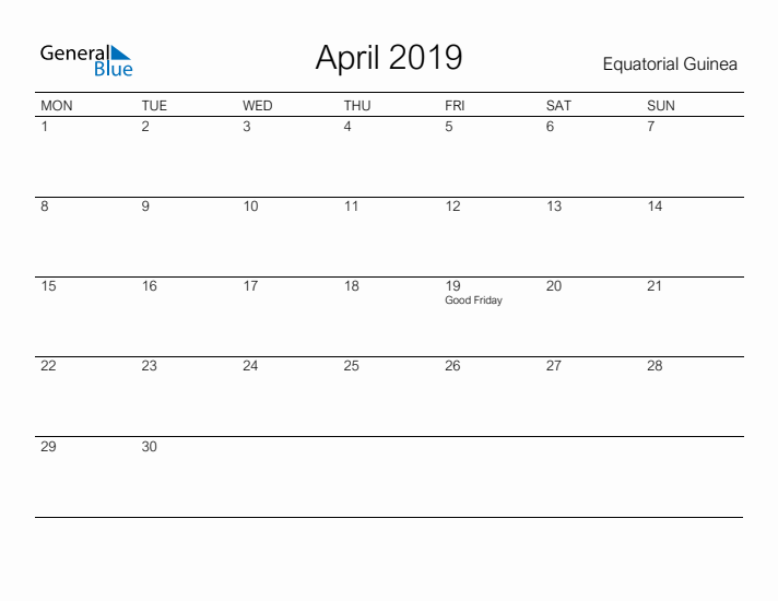 Printable April 2019 Calendar for Equatorial Guinea