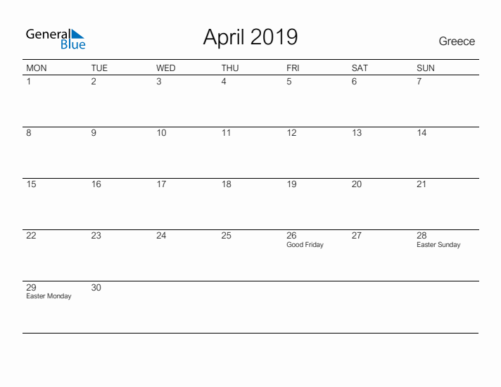 Printable April 2019 Calendar for Greece