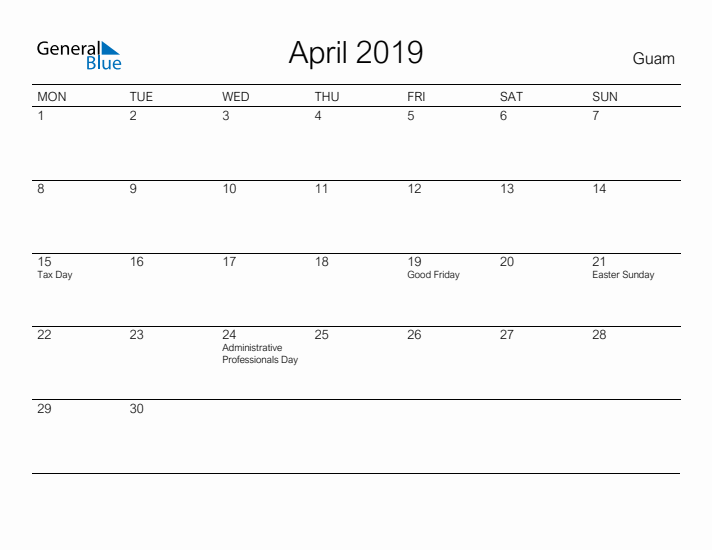 Printable April 2019 Calendar for Guam