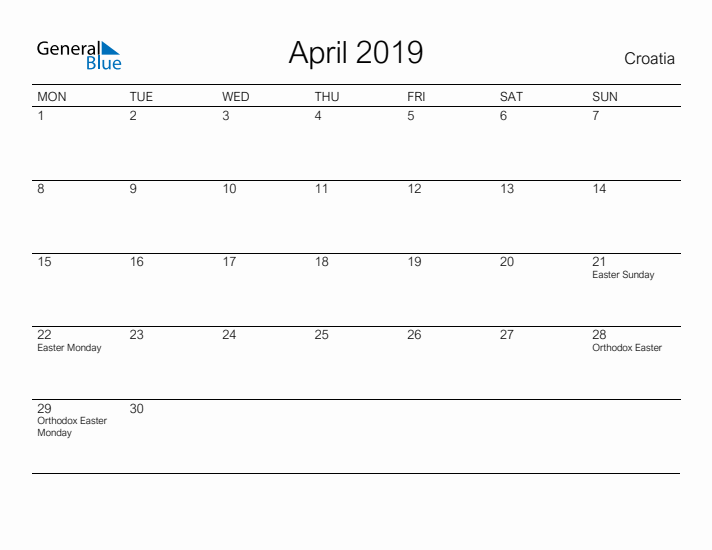 Printable April 2019 Calendar for Croatia