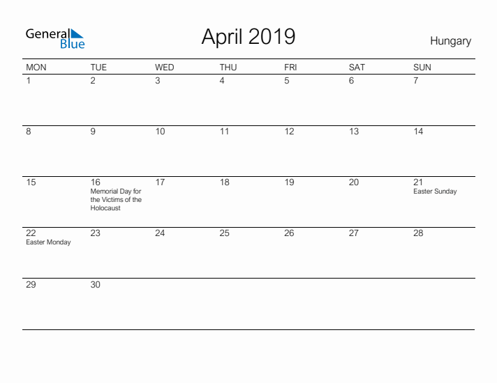 Printable April 2019 Calendar for Hungary