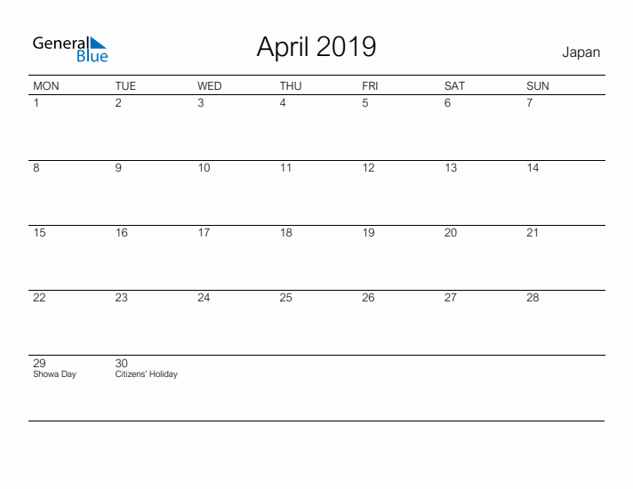 Printable April 2019 Calendar for Japan