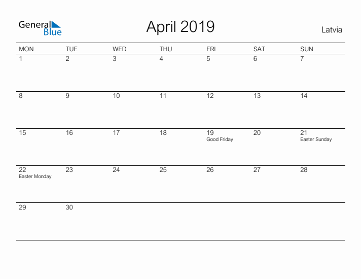 Printable April 2019 Calendar for Latvia