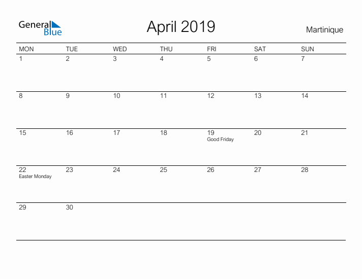 Printable April 2019 Calendar for Martinique