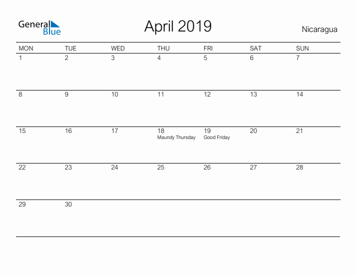 Printable April 2019 Calendar for Nicaragua