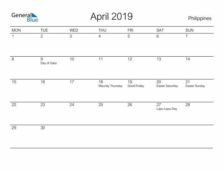 Printable April 2019 Calendar for Philippines