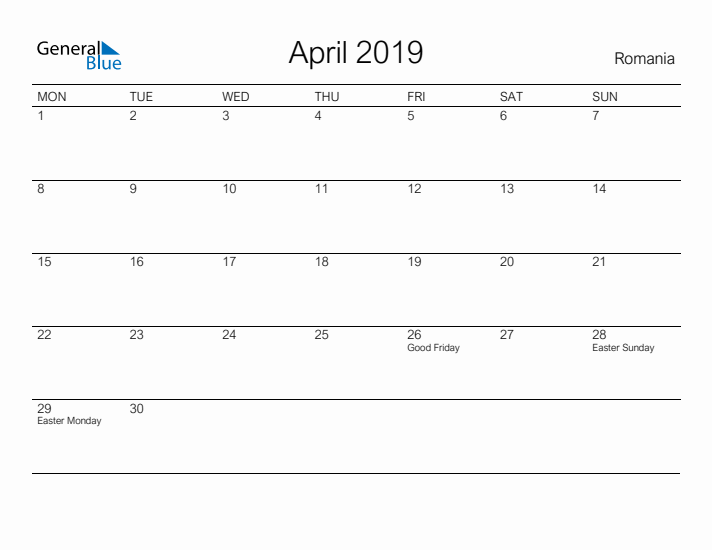 Printable April 2019 Calendar for Romania