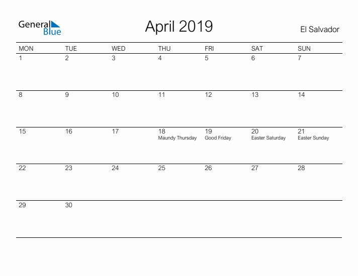 Printable April 2019 Calendar for El Salvador