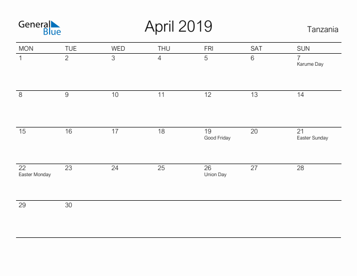 Printable April 2019 Calendar for Tanzania