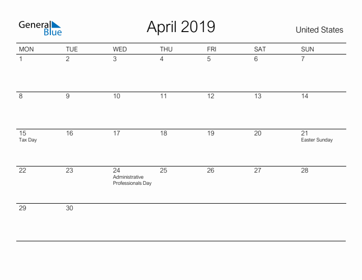 Printable April 2019 Calendar for United States