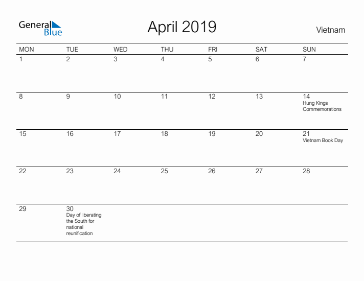 Printable April 2019 Calendar for Vietnam