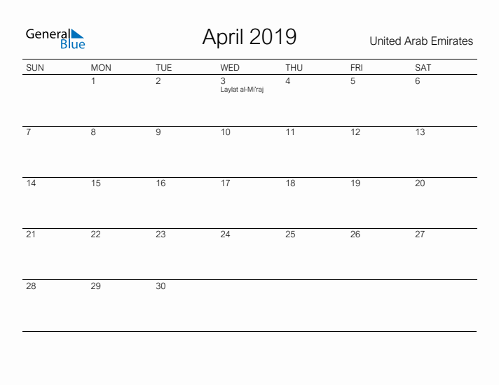 Printable April 2019 Calendar for United Arab Emirates