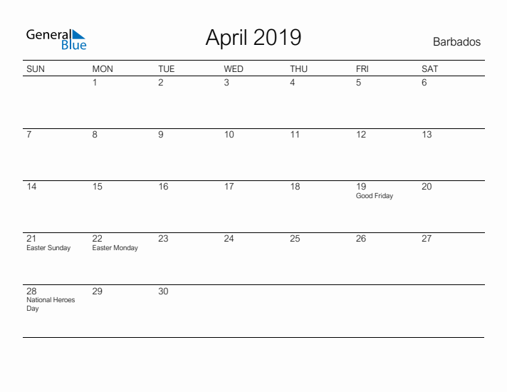 Printable April 2019 Calendar for Barbados