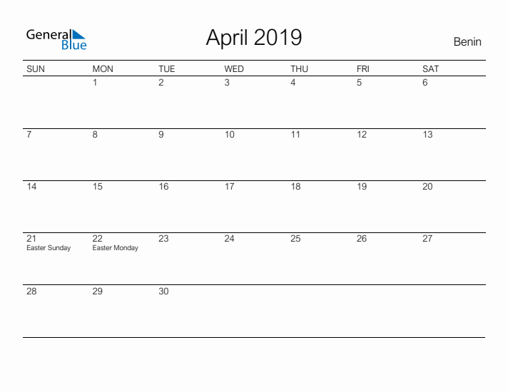 Printable April 2019 Calendar for Benin