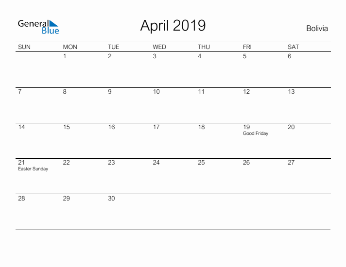 Printable April 2019 Calendar for Bolivia