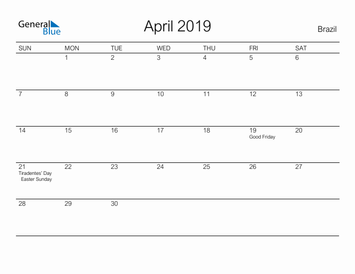 Printable April 2019 Calendar for Brazil