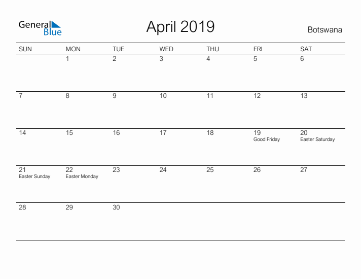 Printable April 2019 Calendar for Botswana