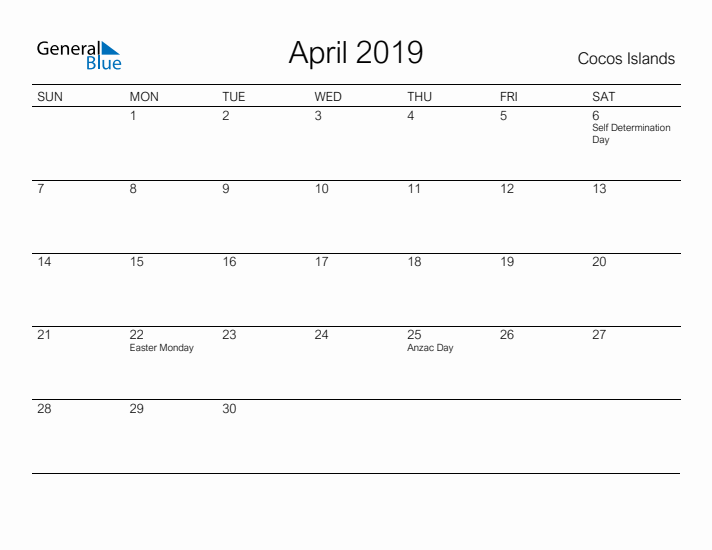 Printable April 2019 Calendar for Cocos Islands