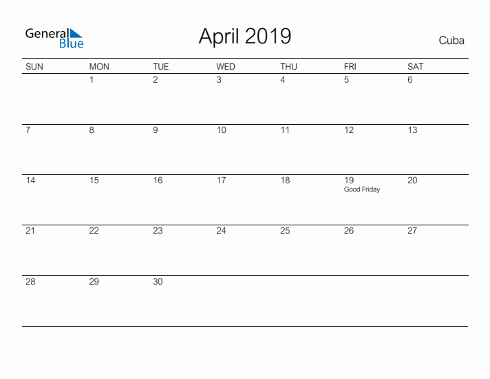 Printable April 2019 Calendar for Cuba