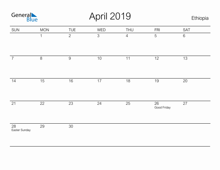 Printable April 2019 Calendar for Ethiopia