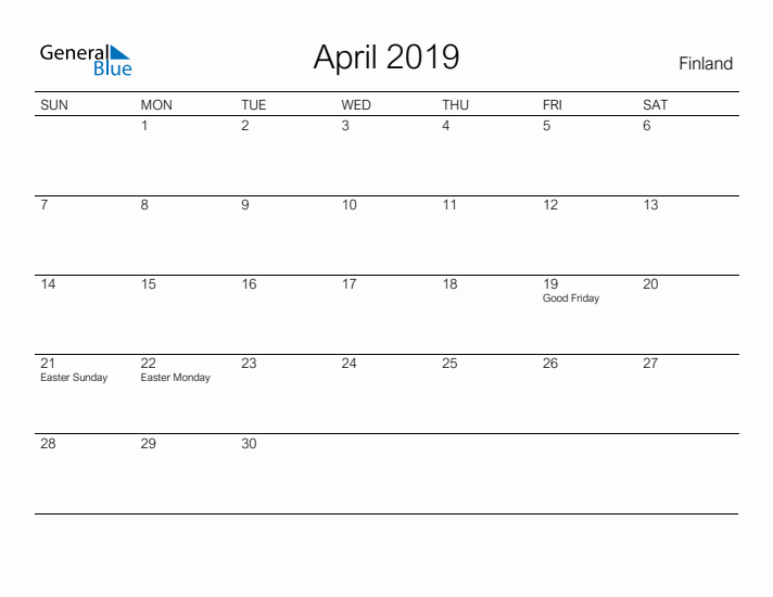 Printable April 2019 Calendar for Finland