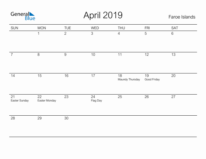 Printable April 2019 Calendar for Faroe Islands