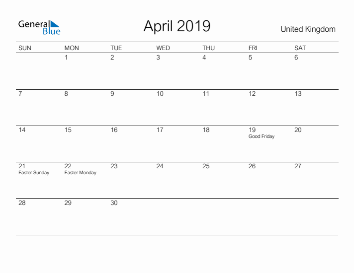 Printable April 2019 Calendar for United Kingdom