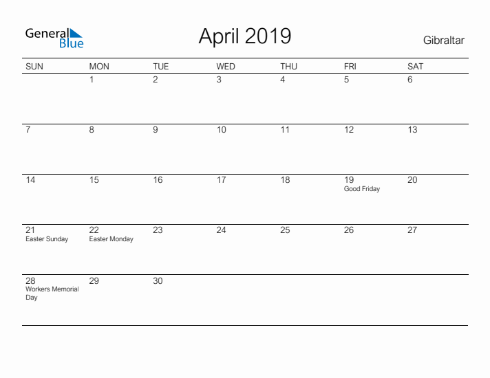 Printable April 2019 Calendar for Gibraltar