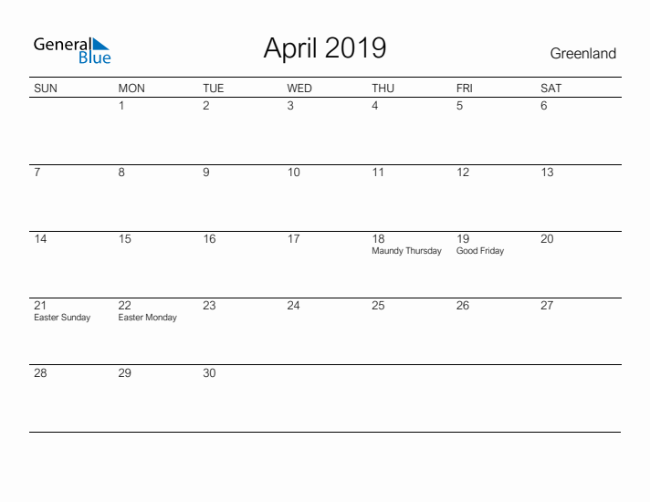 Printable April 2019 Calendar for Greenland