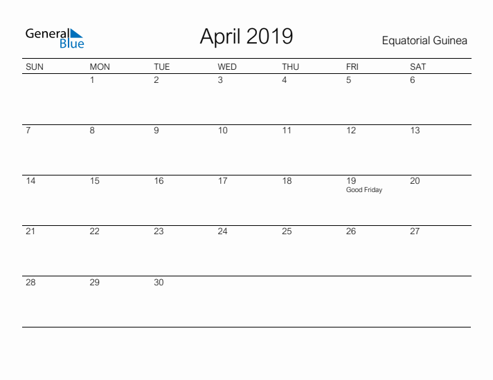 Printable April 2019 Calendar for Equatorial Guinea