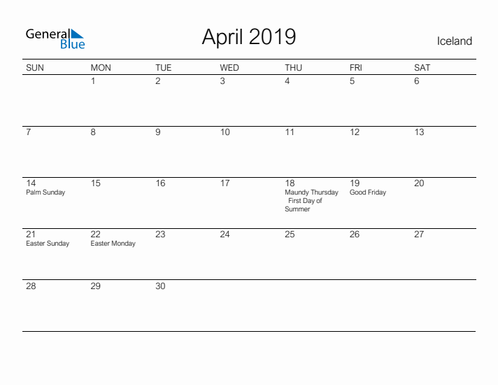 Printable April 2019 Calendar for Iceland