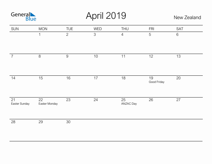 Printable April 2019 Calendar for New Zealand