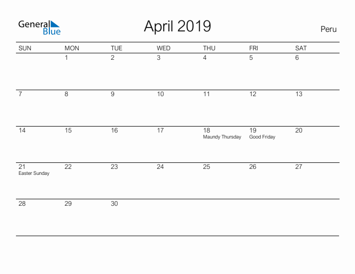 Printable April 2019 Calendar for Peru