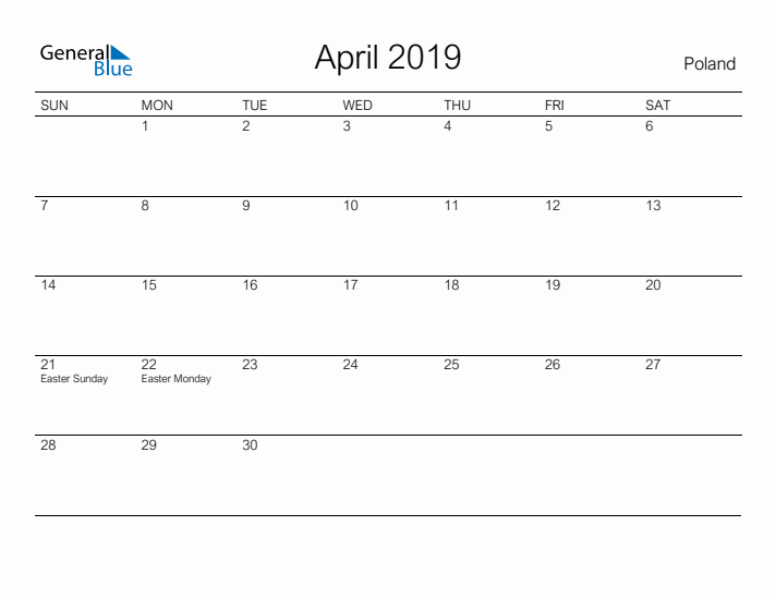 Printable April 2019 Calendar for Poland