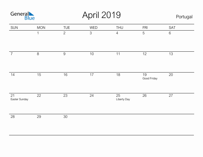 Printable April 2019 Calendar for Portugal