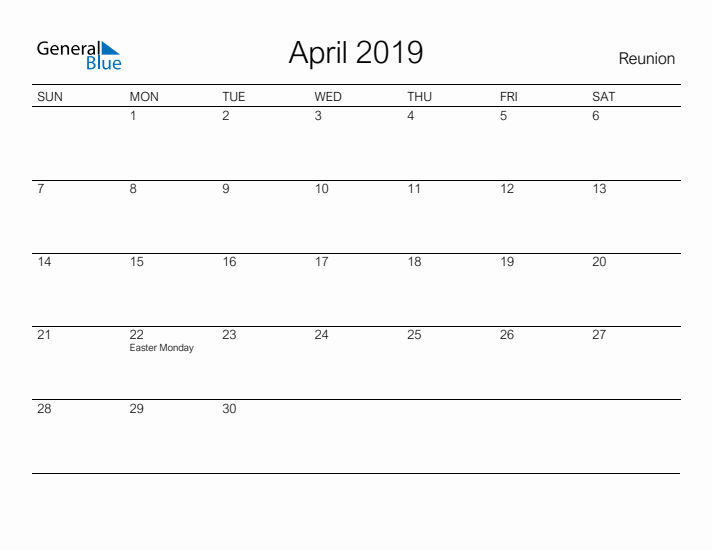 Printable April 2019 Calendar for Reunion