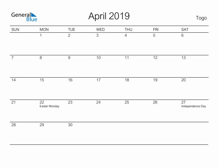 Printable April 2019 Calendar for Togo