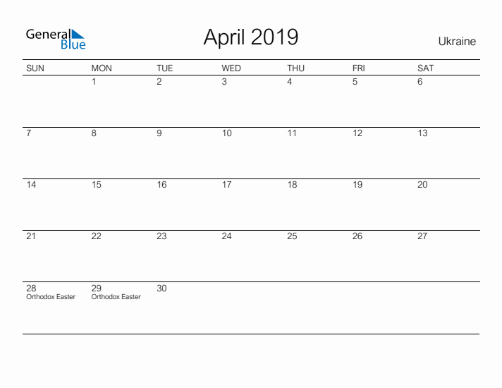 Printable April 2019 Calendar for Ukraine