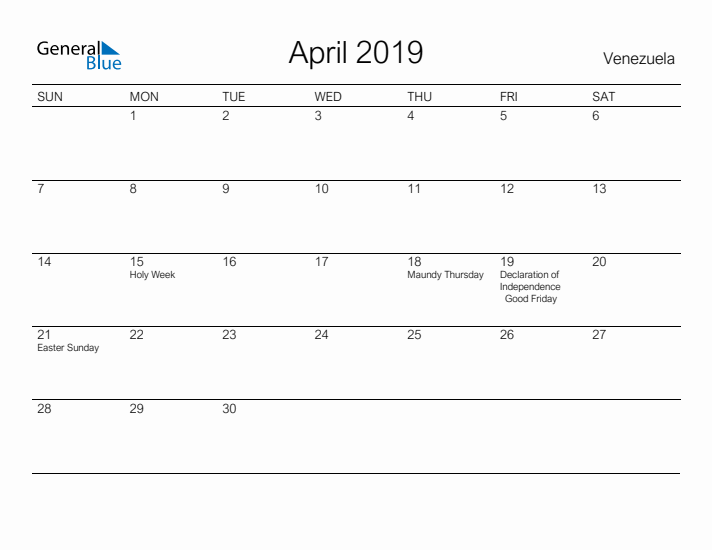 Printable April 2019 Calendar for Venezuela