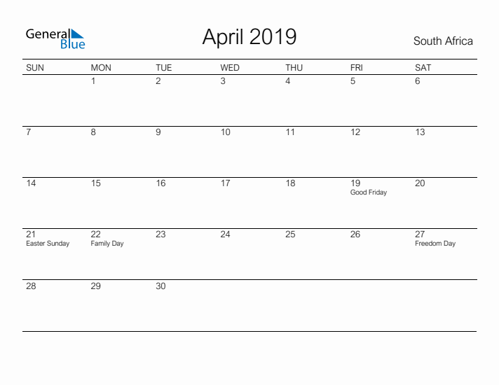 Printable April 2019 Calendar for South Africa